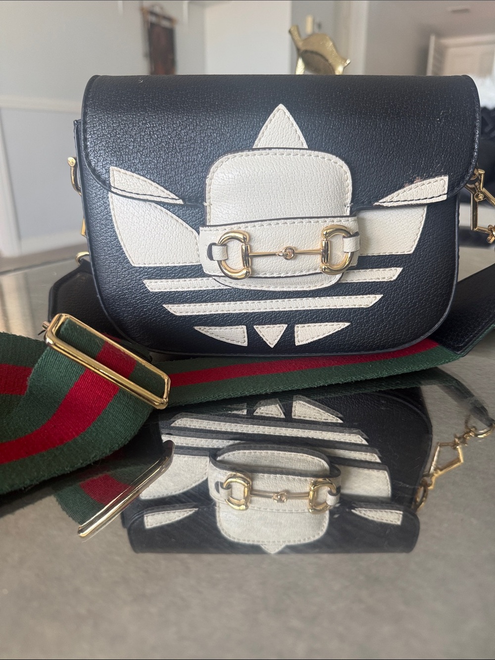 Gucci Black and White Leather Crossbody with Green and Red Web Strap